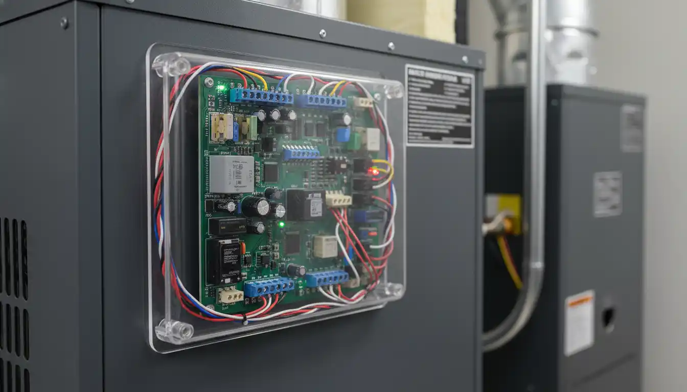 Close-up view of an electronic zone control board mounted on a furnace unit