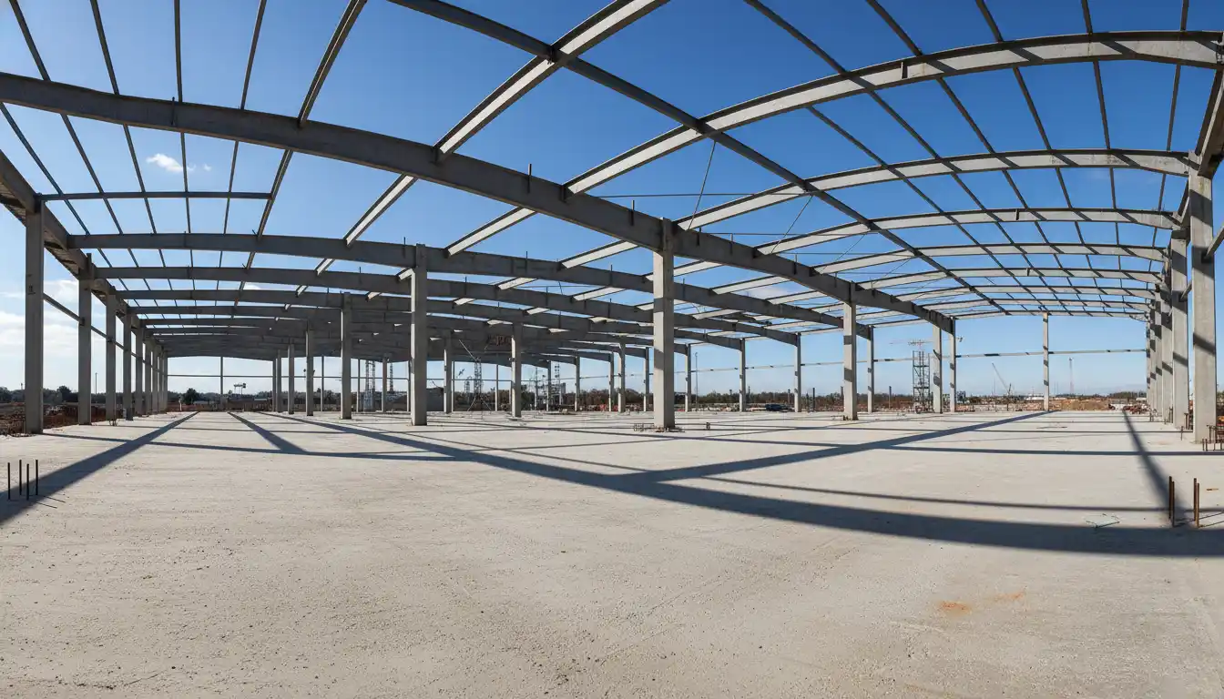 Exposed steel beams and concrete foundation of a building under construction