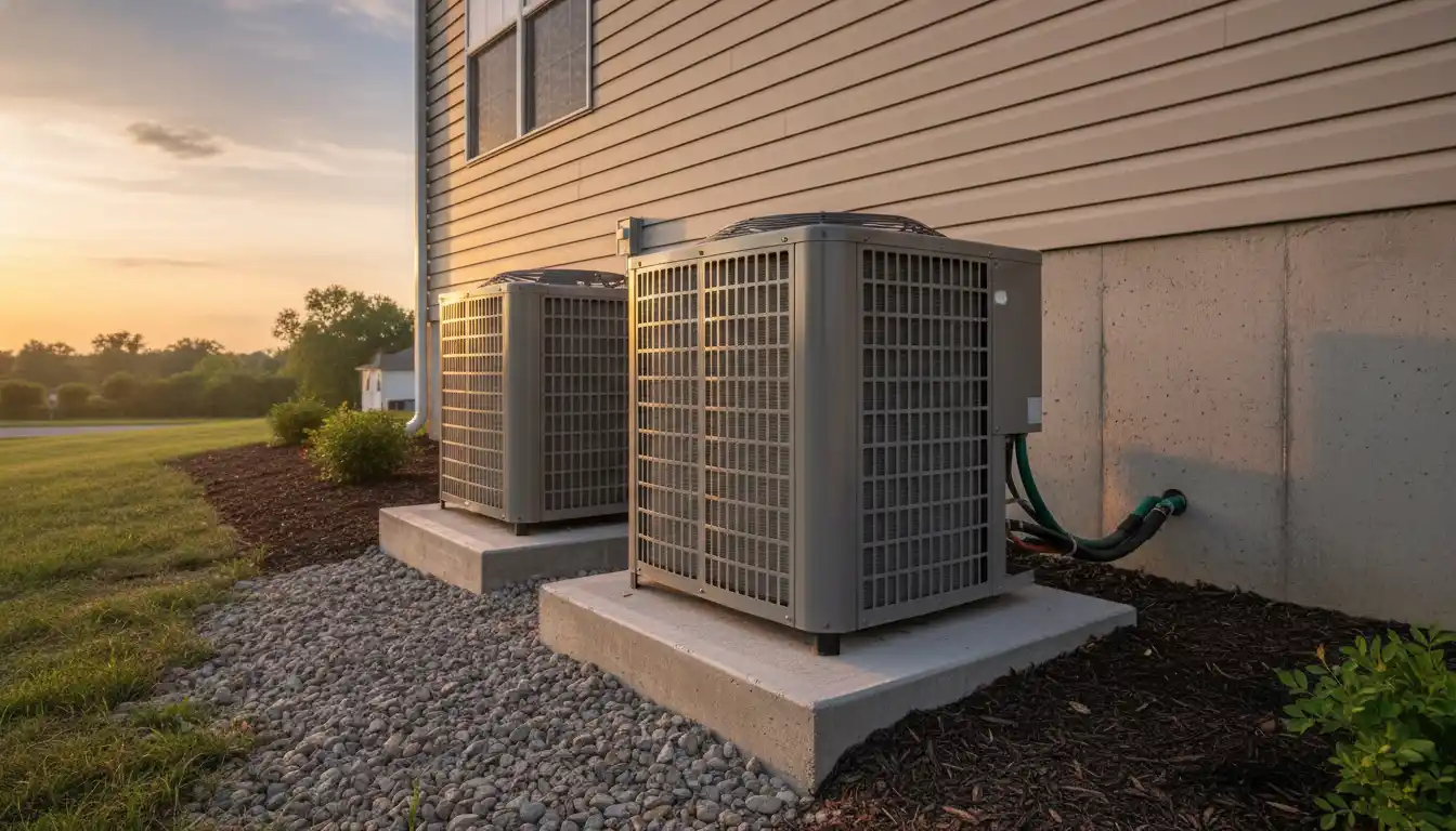 Two residential central air conditioning condenser units standing side by side on concrete pads near a house exterior