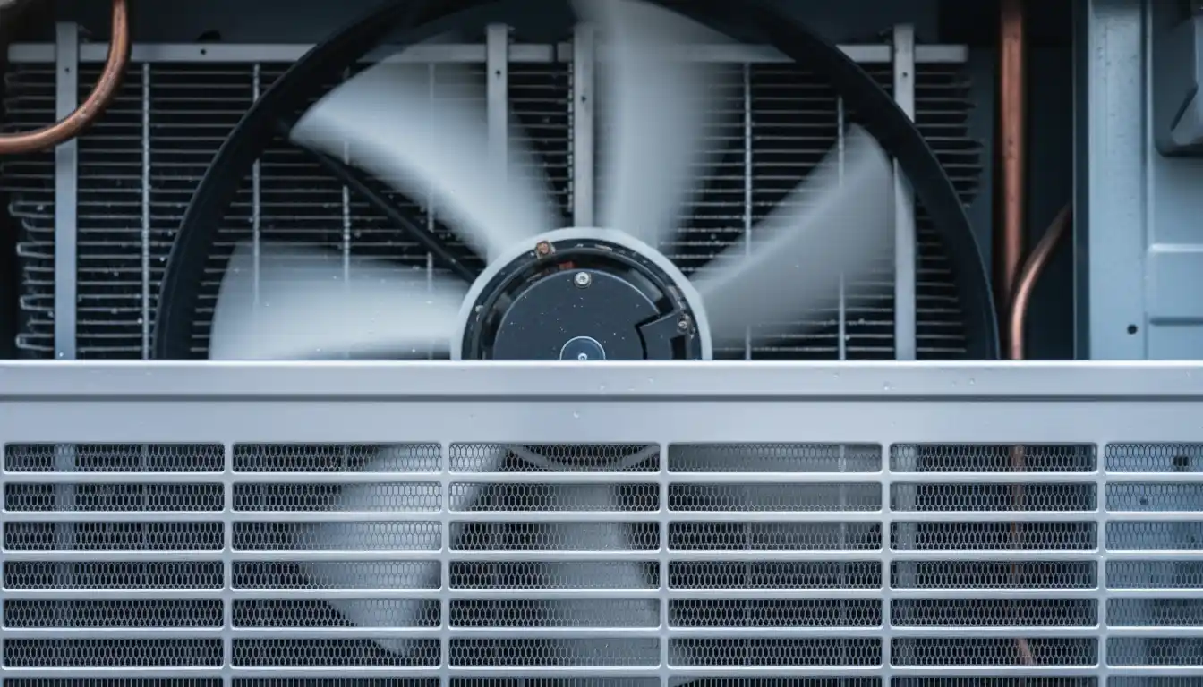 Close-up view of the metal grille and fan blades inside an outdoor air conditioner compressor unit