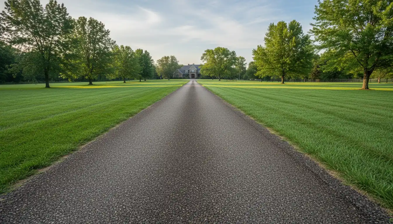 A long driveway surface made of compacted recycled asphalt millings surrounded by green grass