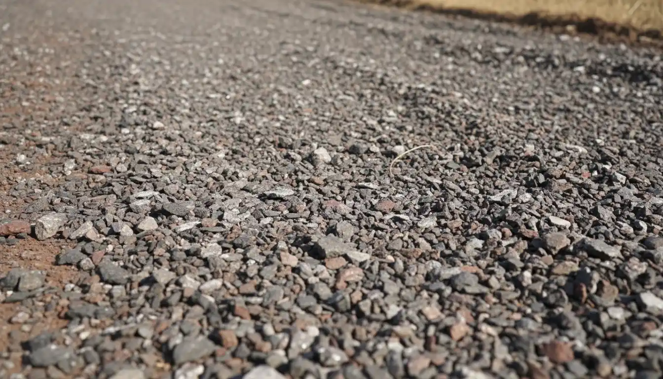 Close-up detail of loose asphalt millings aggregate texture on the ground