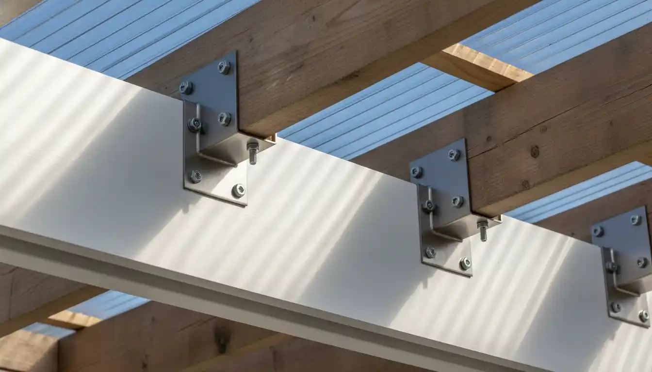 Close-up view of steel brackets connecting patio roof beams to white fascia