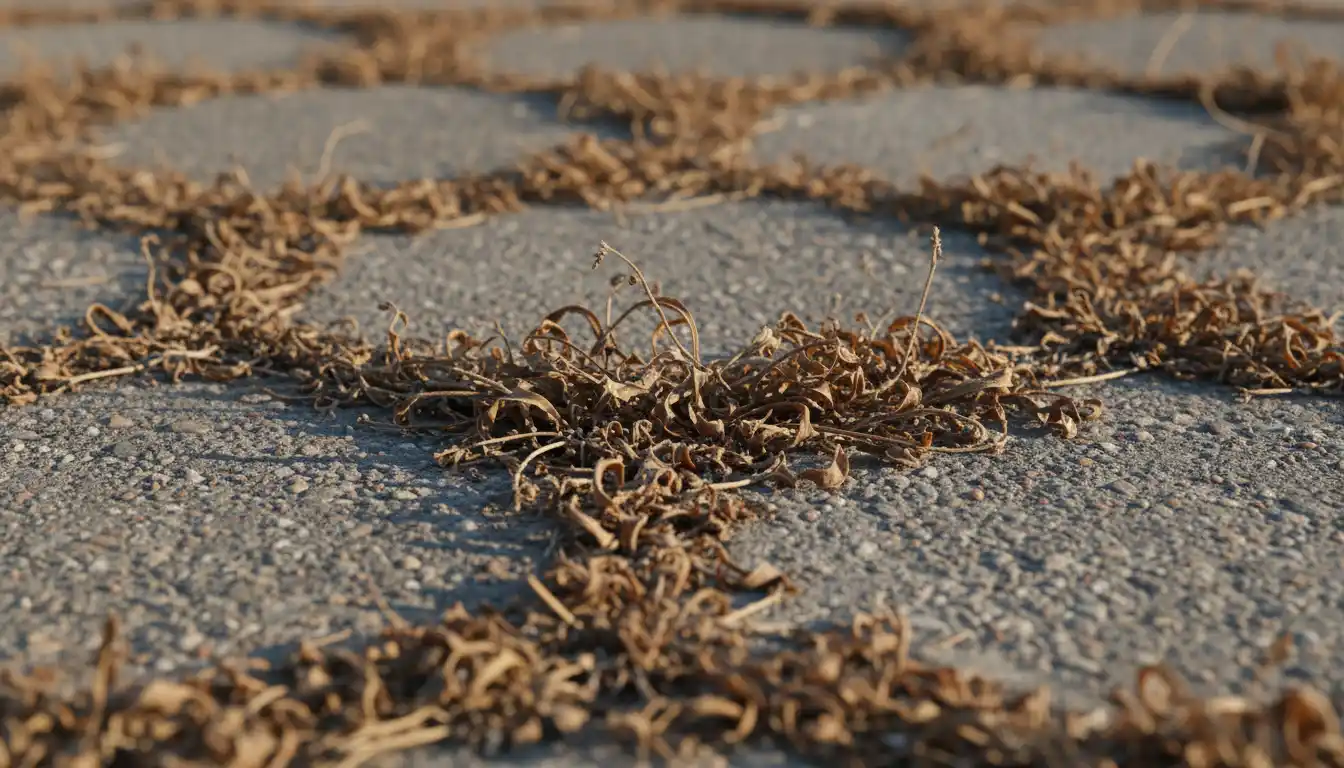 Close up of brown withered vegetation growing between concrete pavers