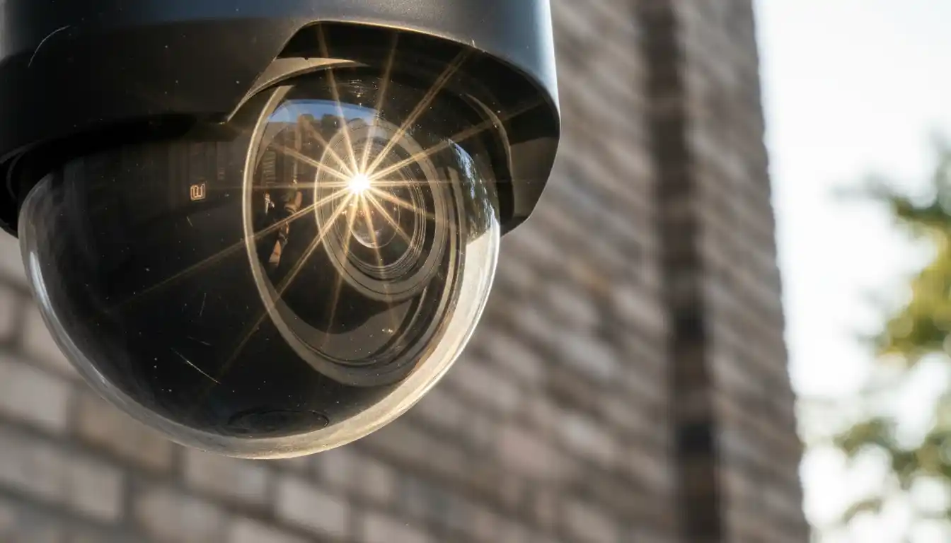 close up view of a black security camera lens housing reflecting sun rays