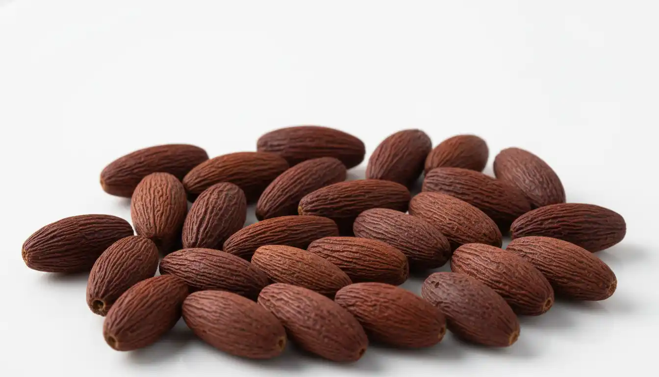 Close-up detail of hard reddish-brown elongated seed-like organic matter on a white background
