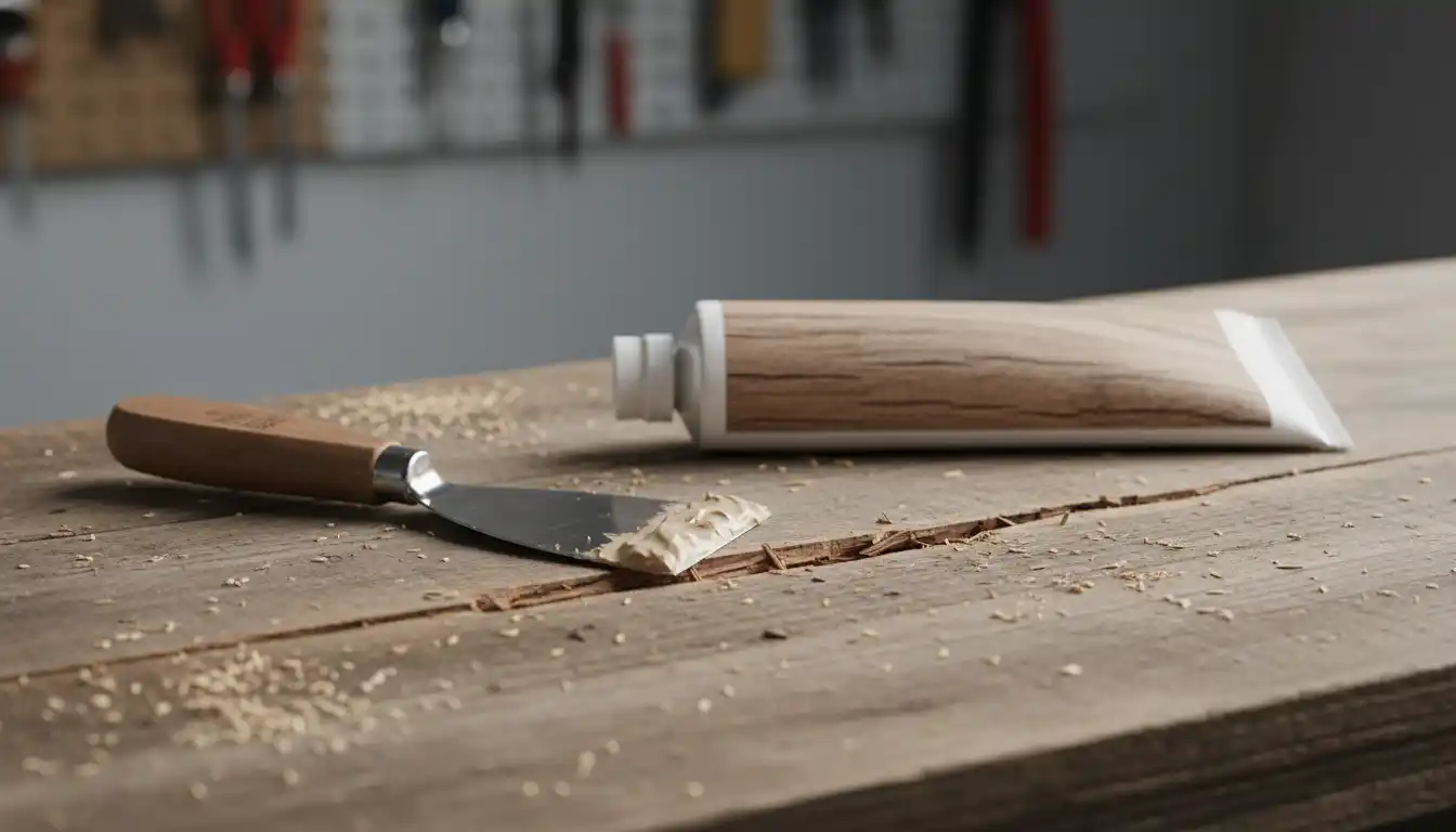Tube of wood filler and a putty knife resting on a wooden countertop surface next to a crack