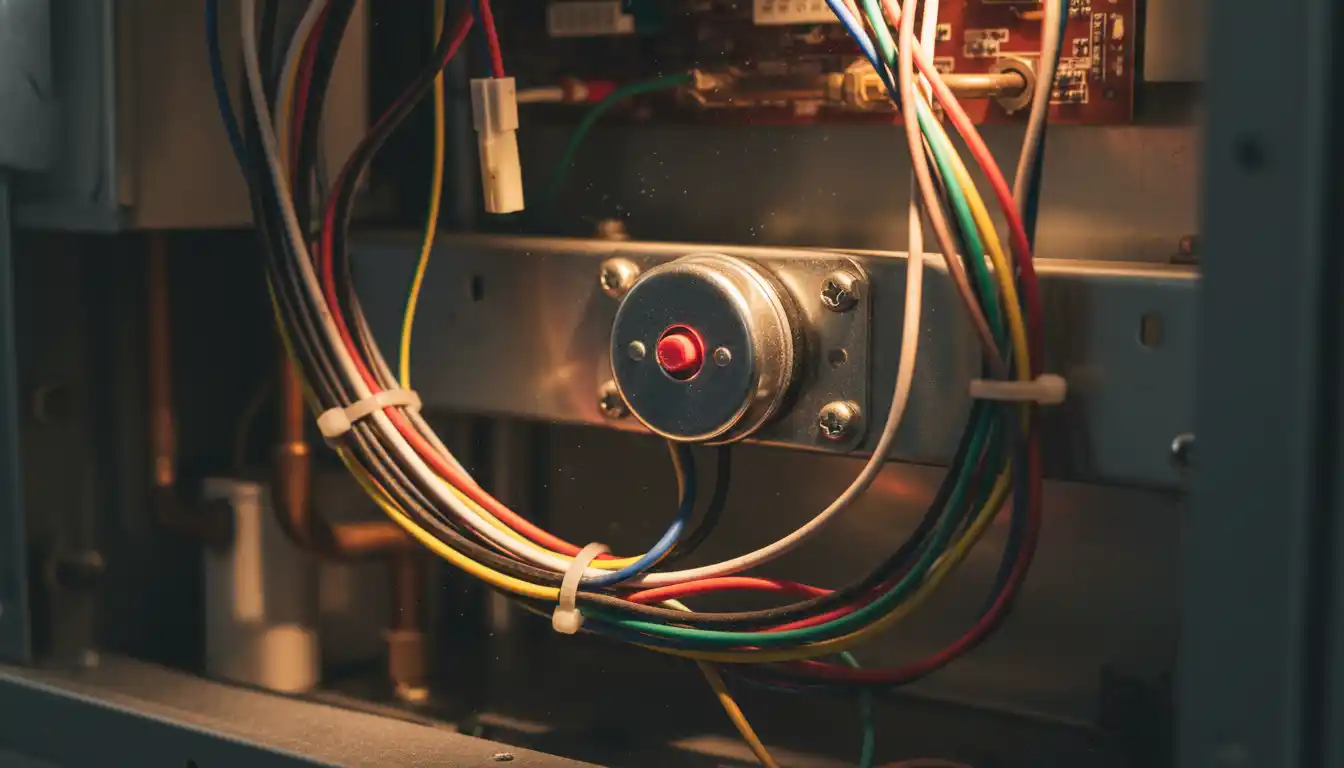 Close-up of furnace internal wiring and high limit switch component