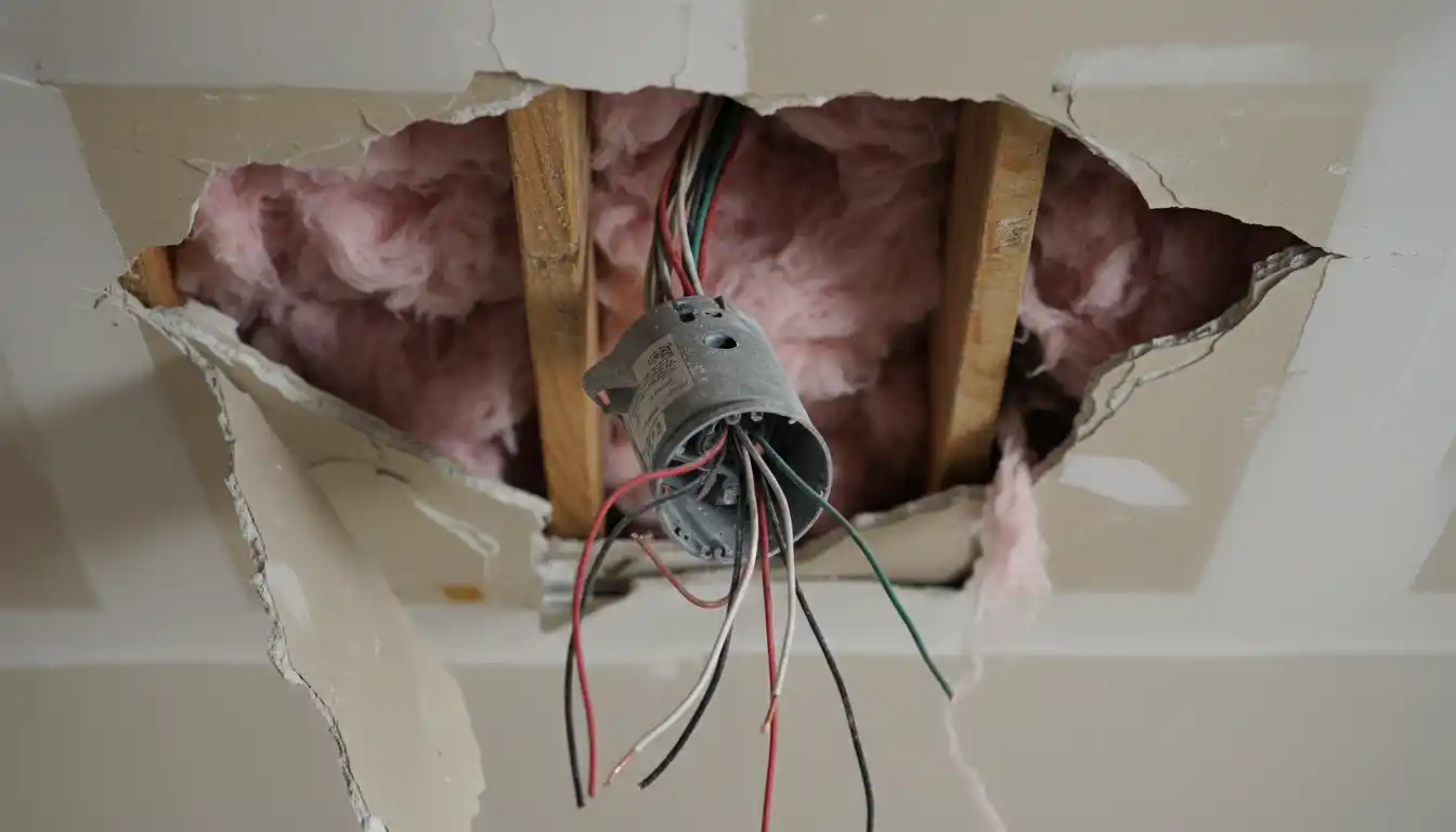 Close-up view of a ripped-out electrical junction box and torn drywall edges inside a ceiling cavity