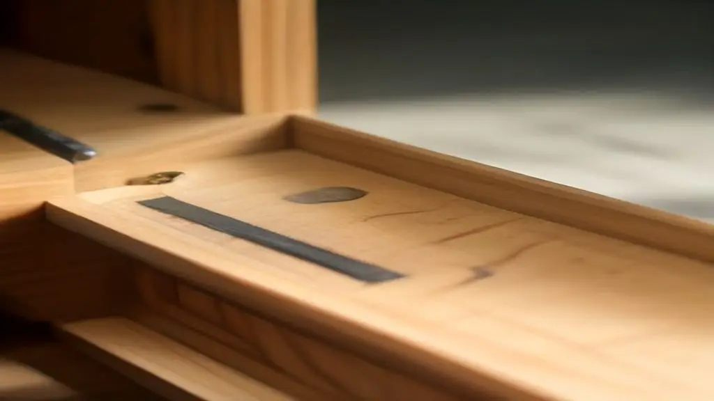 Wooden coffin frame on a workbench with a tape measure and an angle finder tool