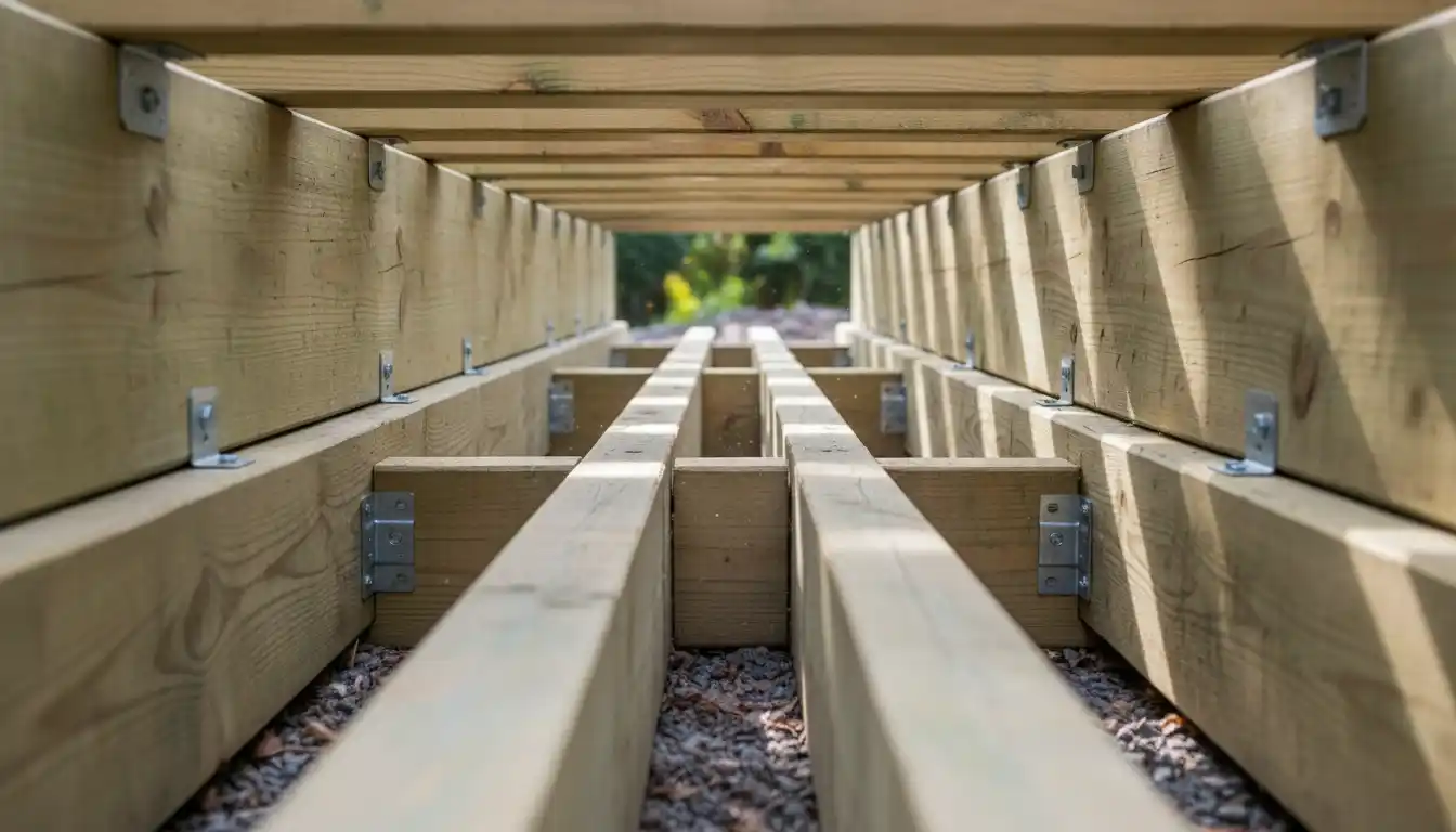 Close-up view of deck substructure framing showing the gap between supporting beams
