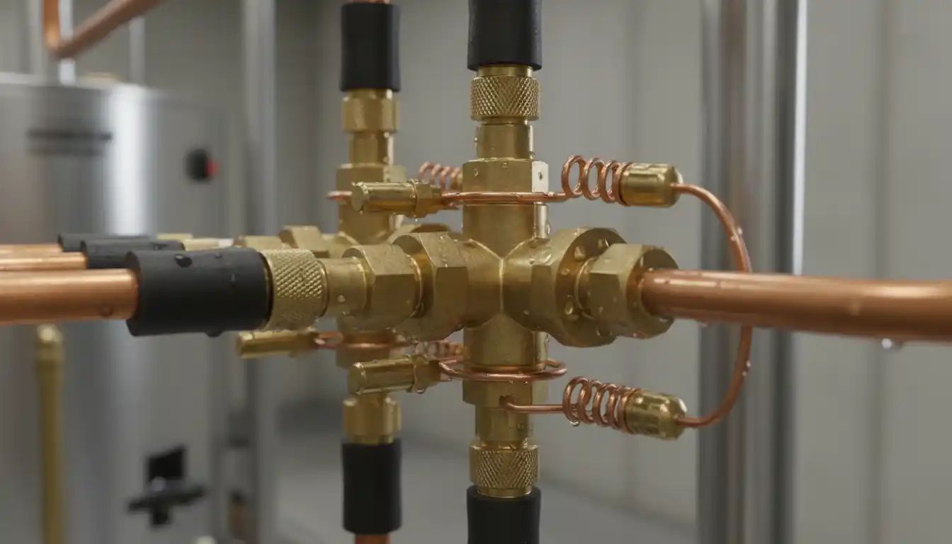 Close-up detail of brass refrigerant line connections and thermal expansion valve