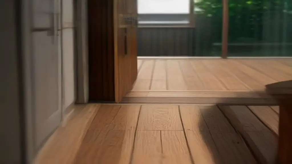 Close-up view of a wooden deck surface positioned slightly below an exterior patio door threshold to allow for water drainage