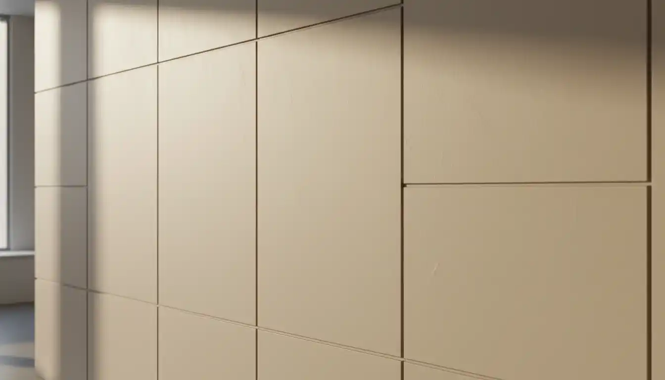 Painted wall surface showing visible vertical and horizontal joint lines under bright light