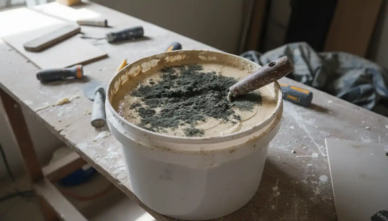 Open container of joint compound showing dark fungal growth on the surface