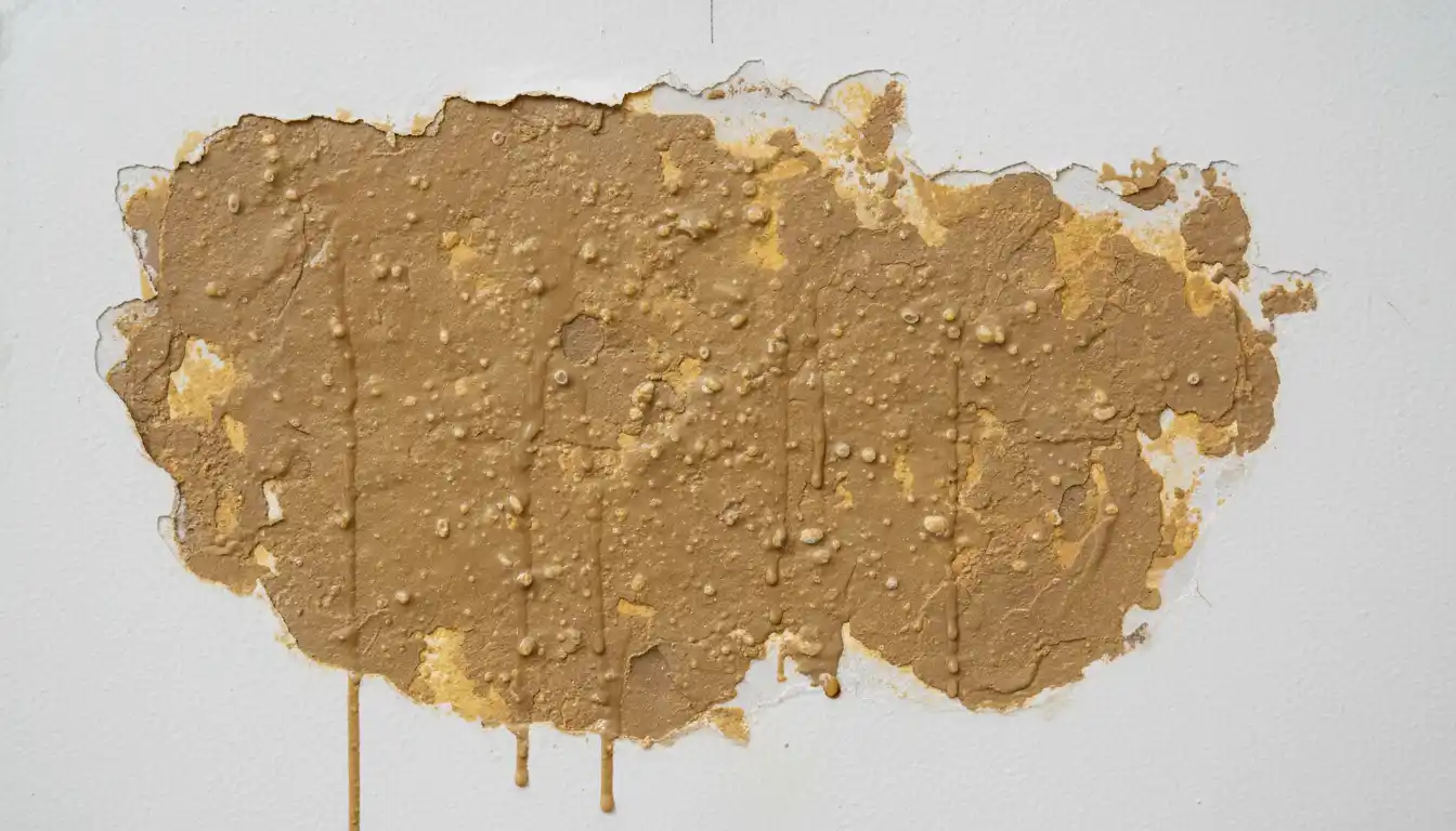 Close up view of discolored wet drywall mud texture on a wall repair patch