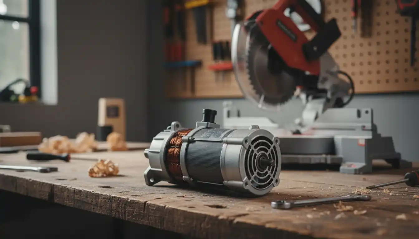 Replacement motor assembly for a power miter saw sitting on a wooden workbench