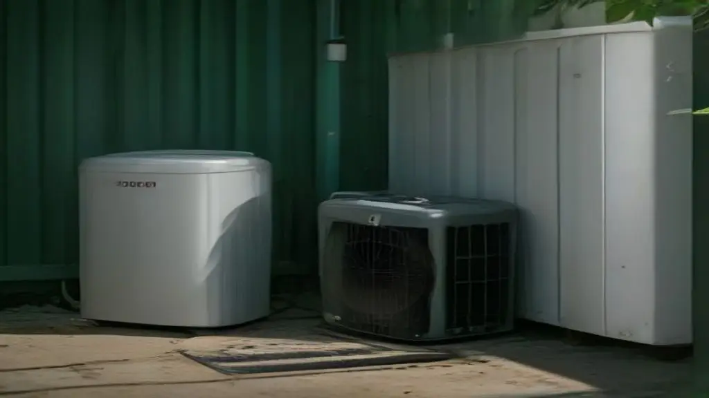 A colorful environmentally friendly refrigerant cylinder positioned next to an outdoor air conditioning condenser unit