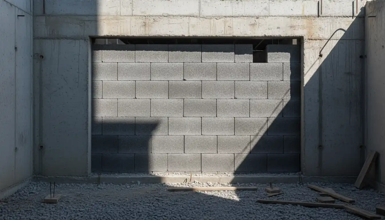 Concrete blocks installed in a rectangular opening of a basement foundation wall
