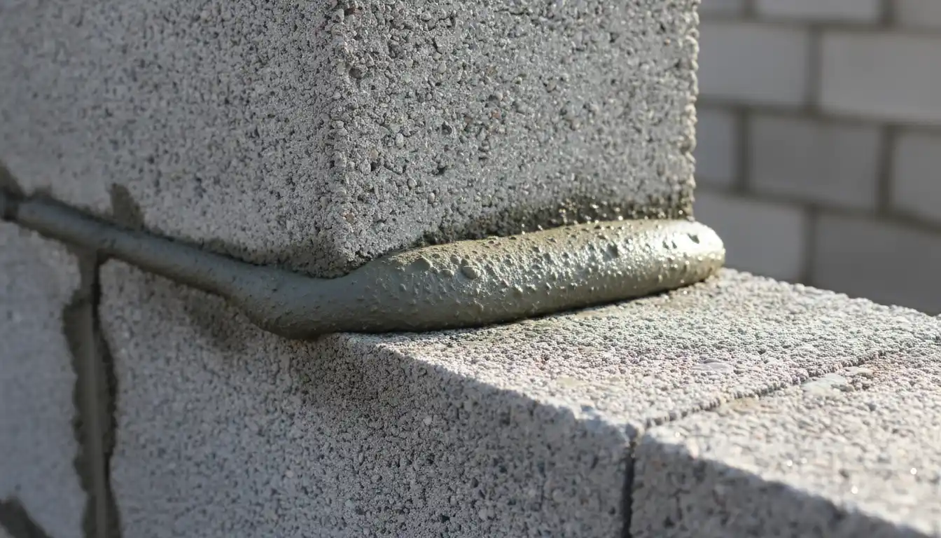 Close-up of fresh gray mortar applied between concrete blocks