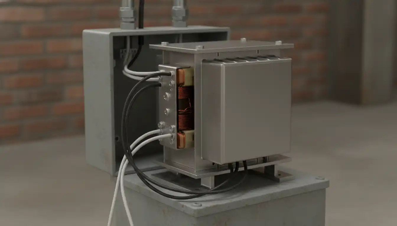 Metal furnace transformer mounted on a junction box with black and white wire leads connected