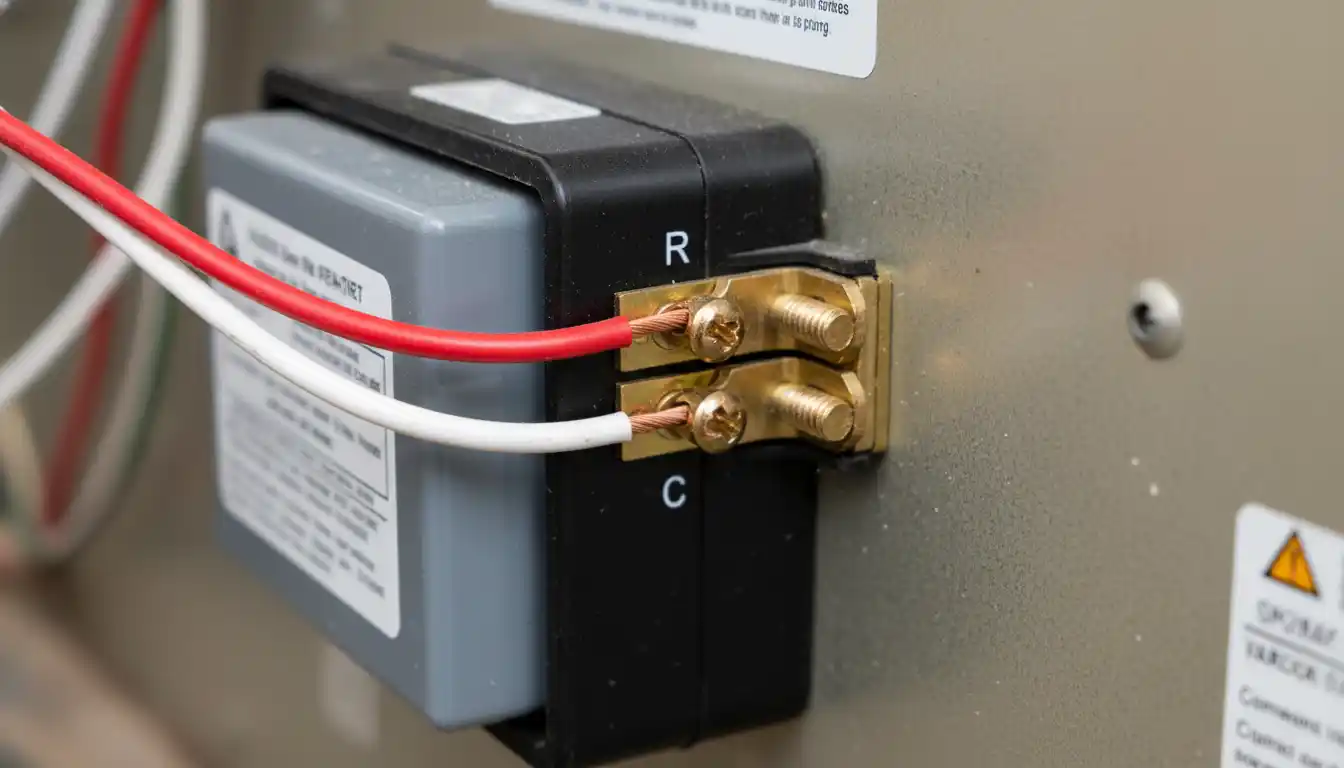 Close-up view of low voltage terminals on a furnace step-down transformer showing red and common wire connections