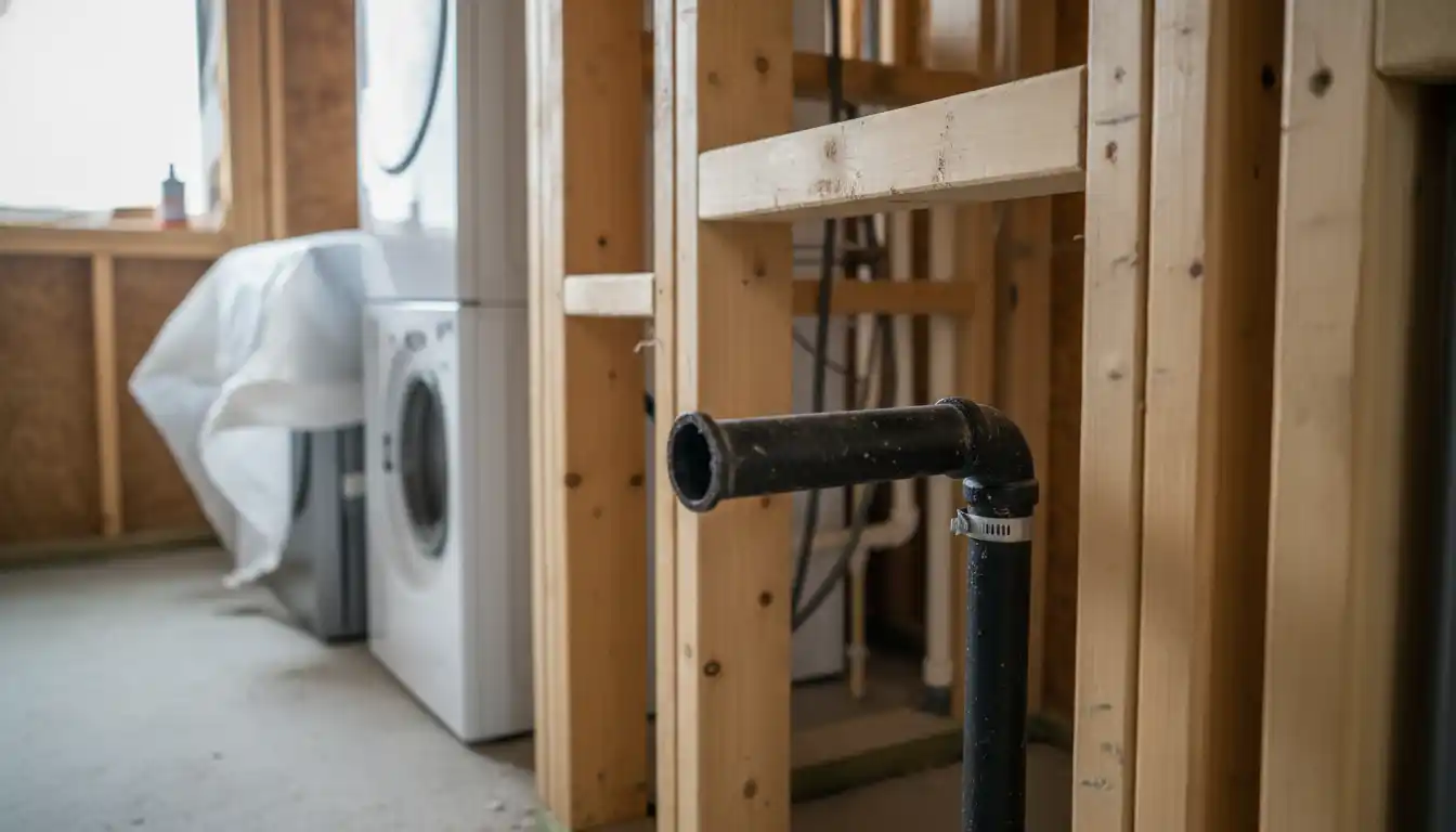capped black iron gas pipe protruding from open stud wall in laundry area