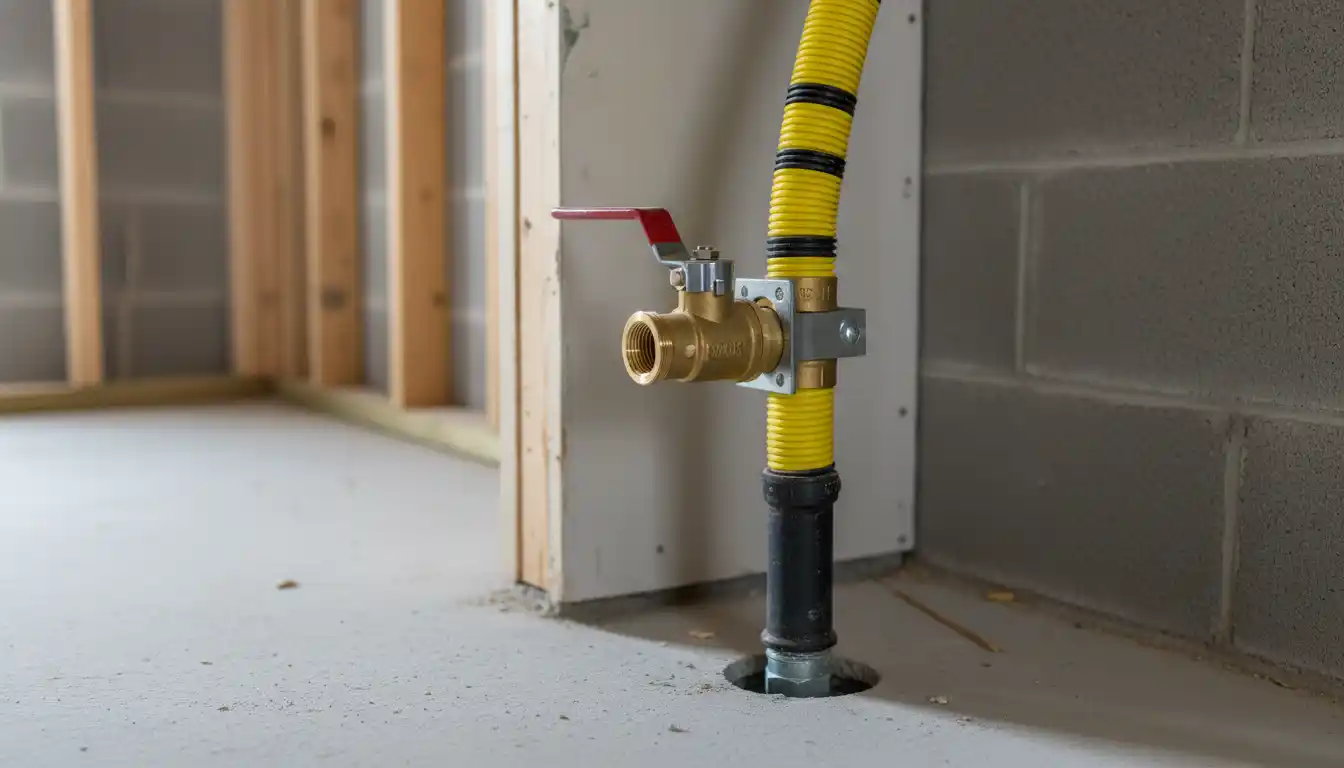 yellow flexible gas piping stub out with shut off valve near floor