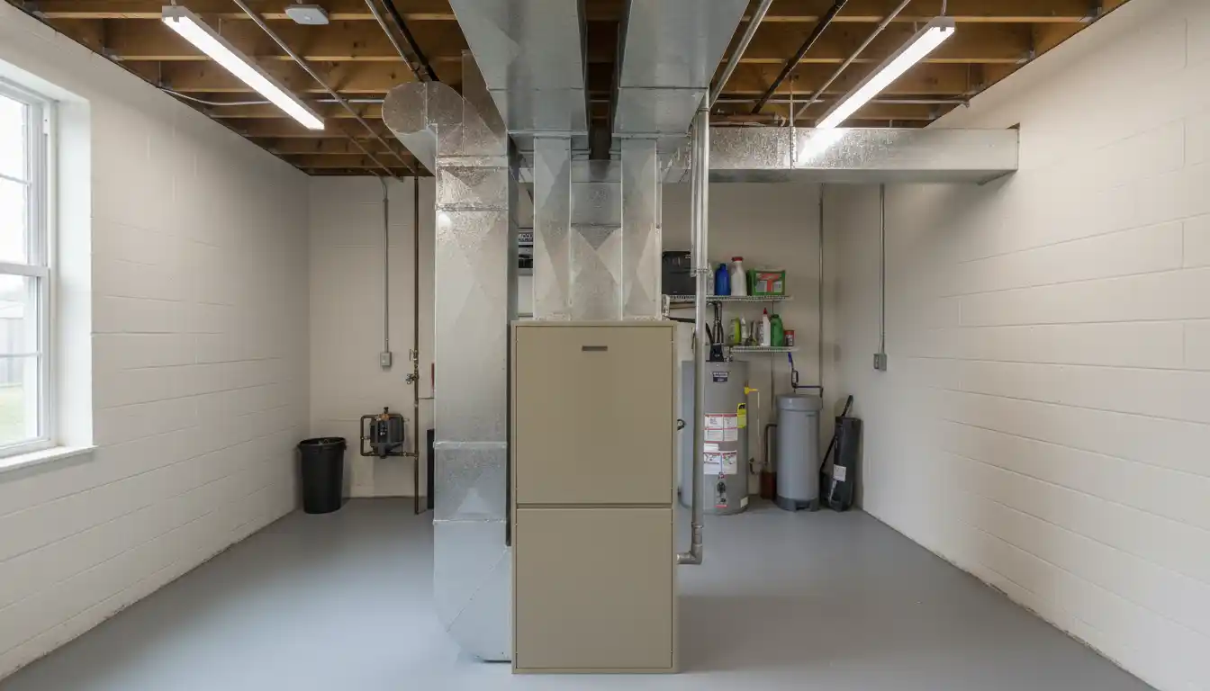 Beige metal vertical furnace cabinet standing in a utility room with attached ductwork