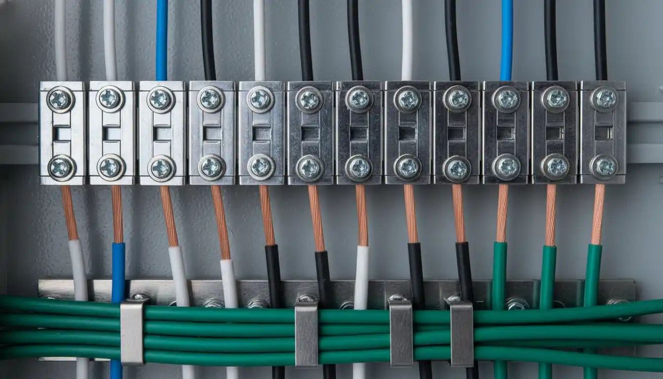 Close-up of neutral bar terminals and wire connections inside a grey breaker box
