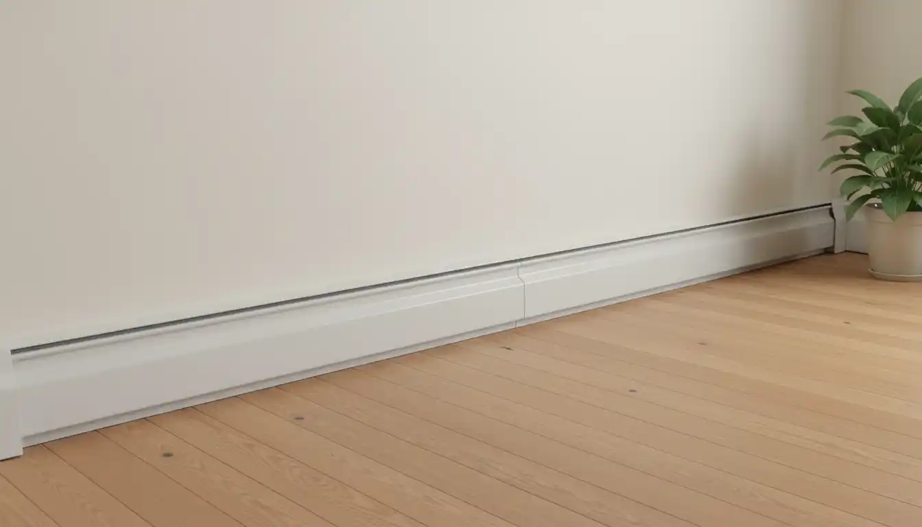 White hydronic baseboard heating unit installed along the bottom of a wall with wooden flooring