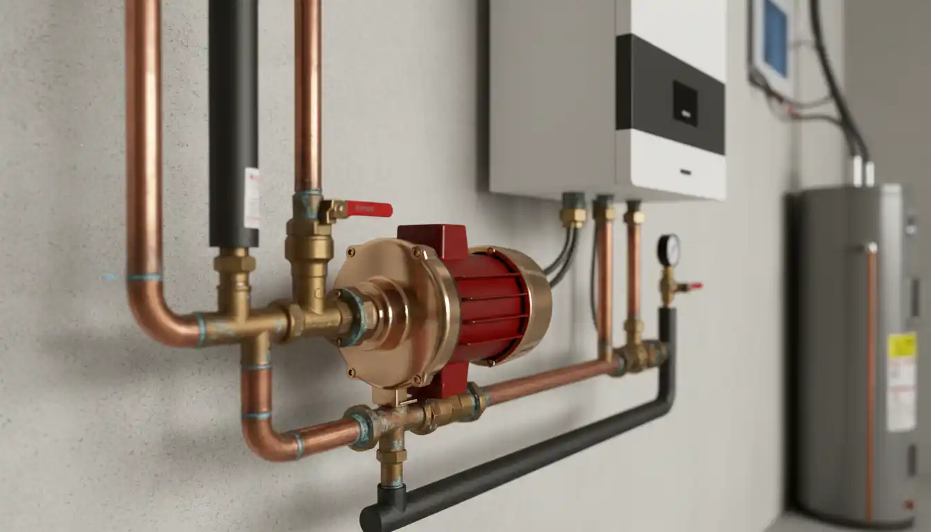 Close up view of copper heating pipes and a circulator pump connected to a residential boiler system