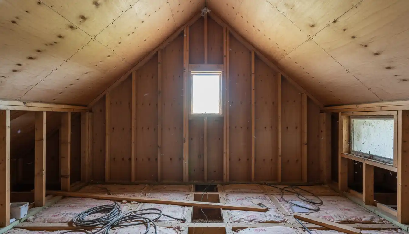 Interior view of an unfinished attic gable wall with wooden studs and a cut opening ready for vent placement