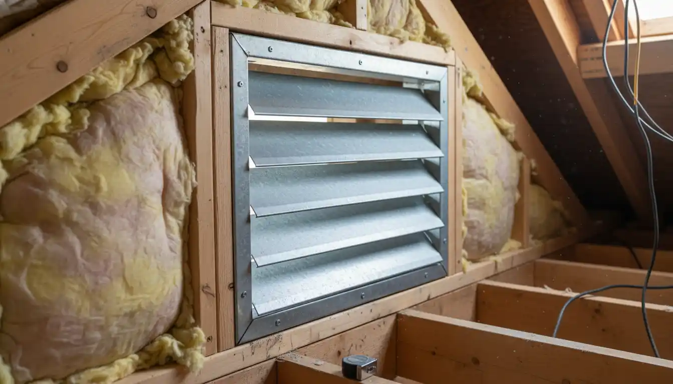 Close-up of a louvered gable vent secured against wooden framing and insulation batting inside an attic
