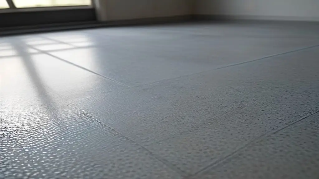 Close-up of wet gray thinset mortar with trowel ridges on a concrete subfloor before tile installation