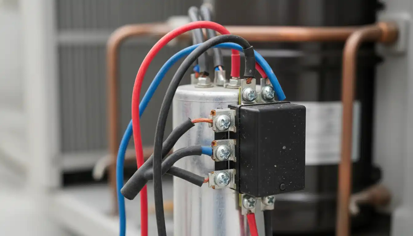 Close-up of the wiring and relay connections on a hard start kit capacitor