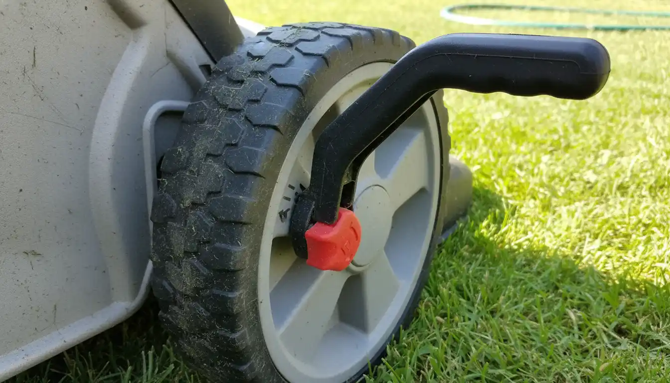 Close-up view of a lawn mower wheel height adjustment lever set to the lowest position