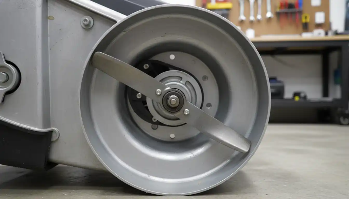 Underside of a lawn mower deck displaying the metal cutting blade and clean housing