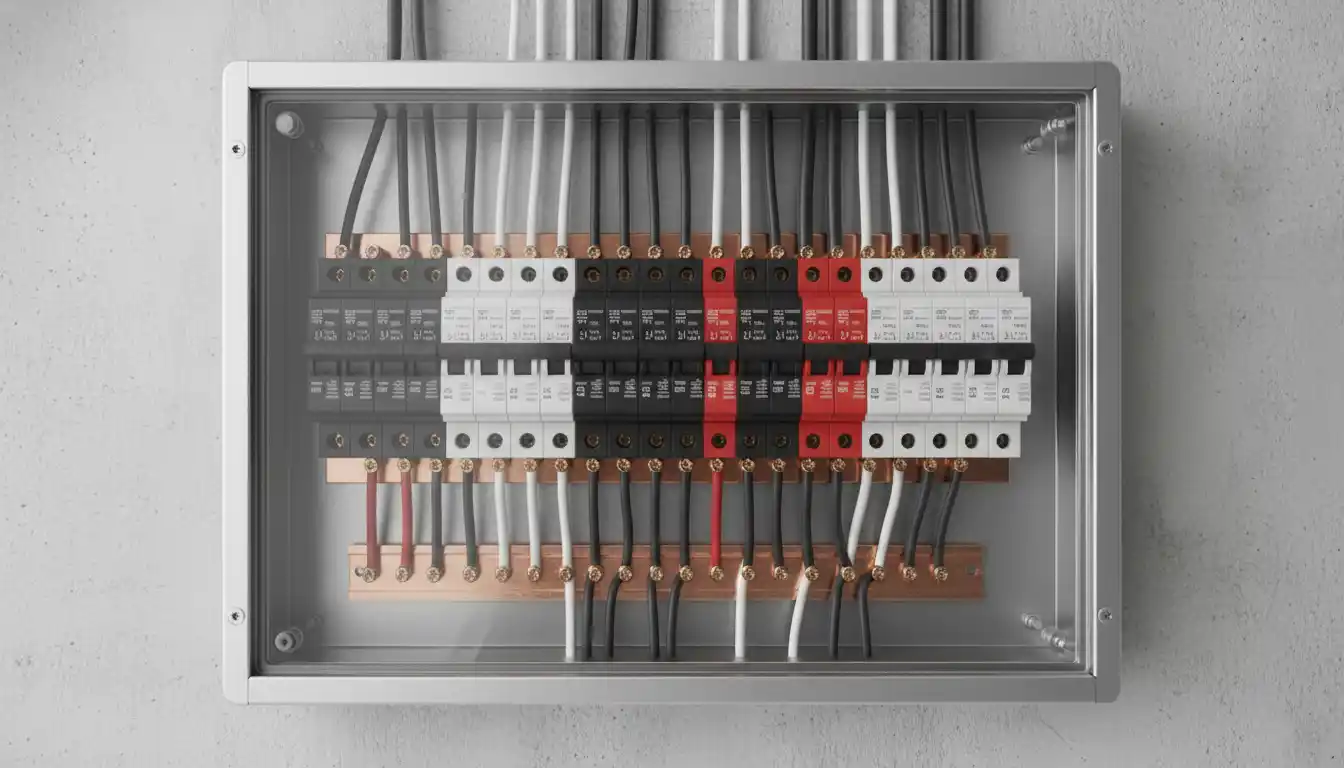Close up view of residential electrical panel circuit breakers