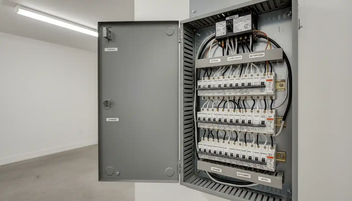 Open electrical service panel displaying labeled circuit breakers for different home zones without any people present