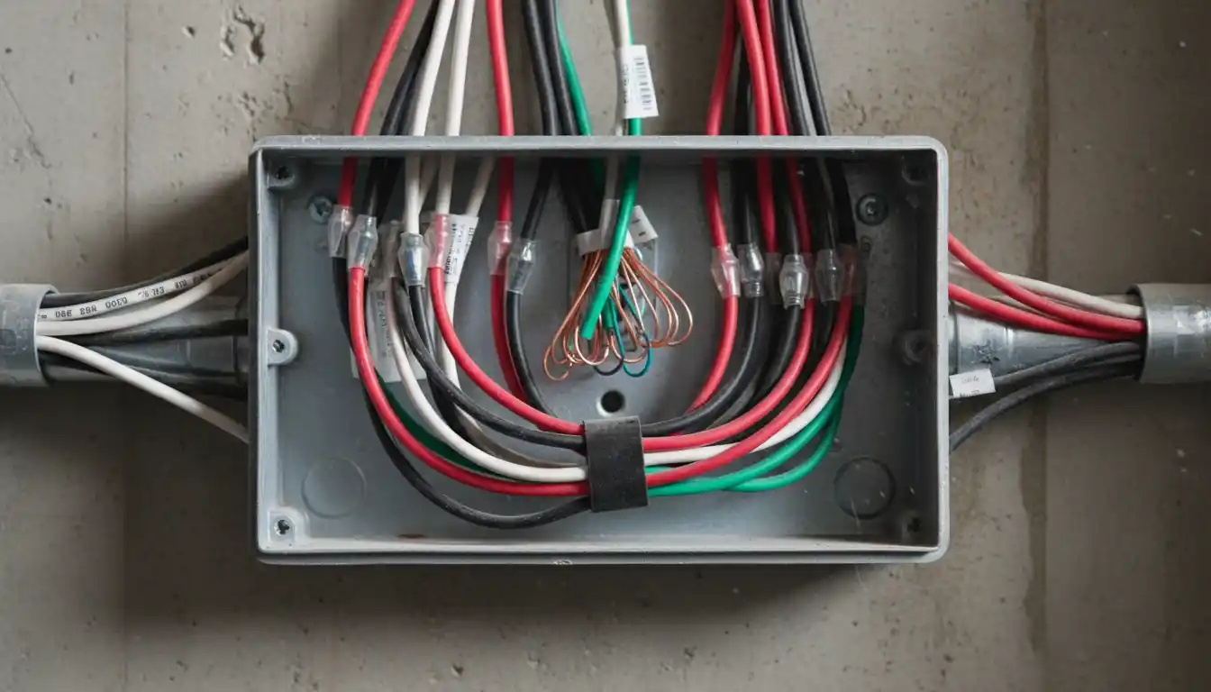 Close-up view of electrical wiring connections inside a junction box showing distinct circuit separation