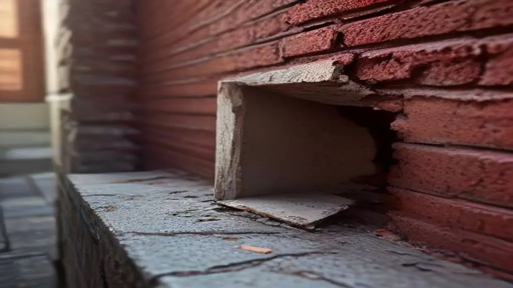 Close up of deteriorating and crumbling mortar joints between red exterior bricks