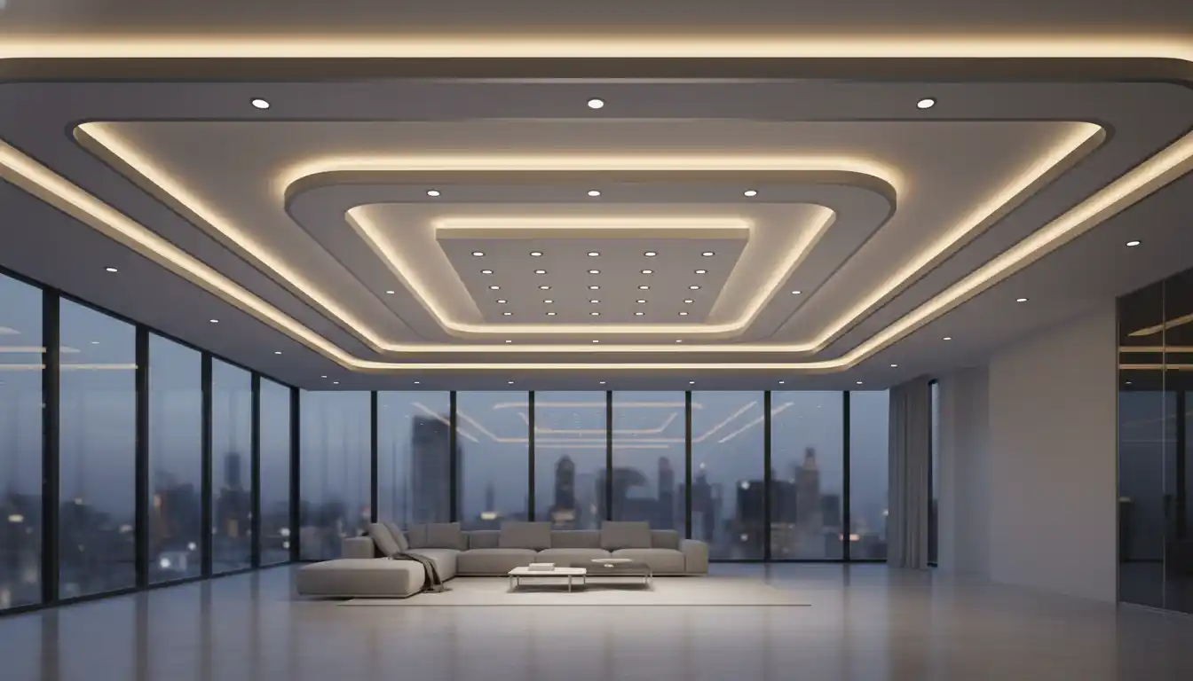 Modern multi level drop ceiling design with recessed lighting in a spacious room