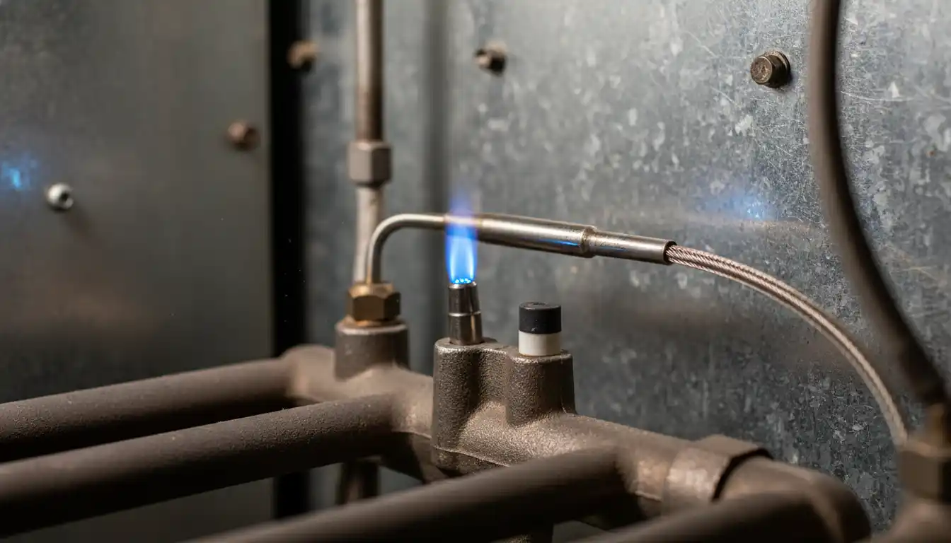 Close up view of a blue gas pilot flame assembly inside a metal boiler burner compartment