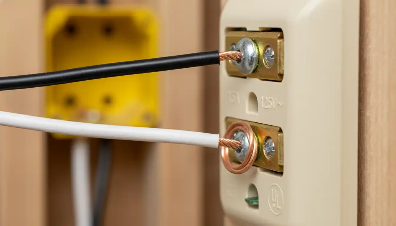 Close-up side view of an electrical receptacle with conducting wires secured directly under the brass terminal screws