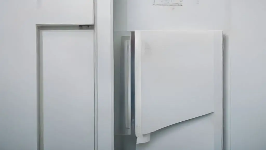 A cracked white plastic interior door of a home kitchen freezer compartment