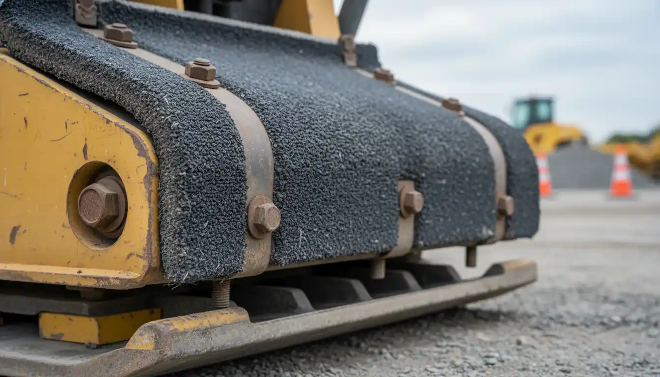 Close-up view of a thick piece of carpet secured to the metal base of a vibrating plate compactor
