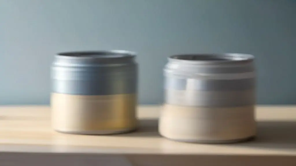Two open paint cans with different finishes sitting next to a paint roller on a canvas drop cloth