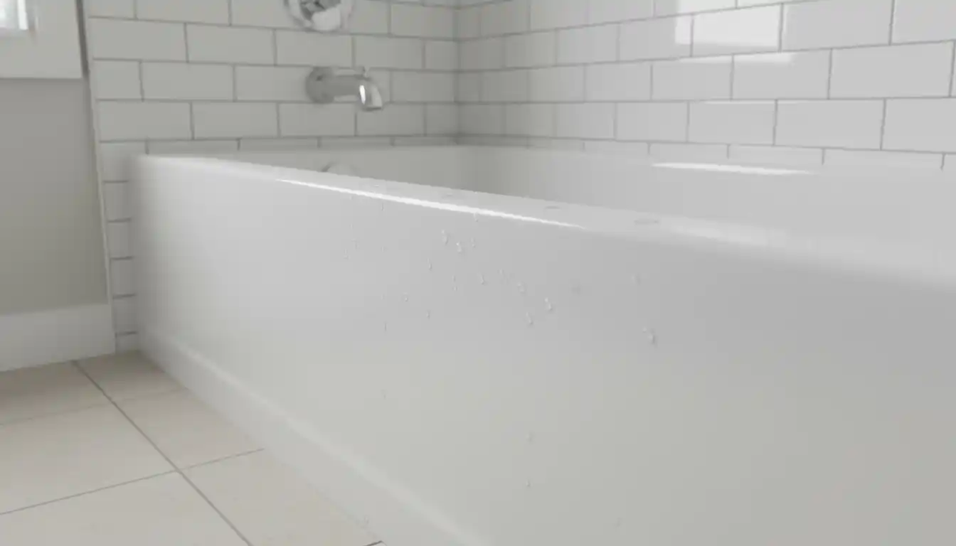 White PVC trim molding installed along the edge of a white bathtub surround against a tiled wall
