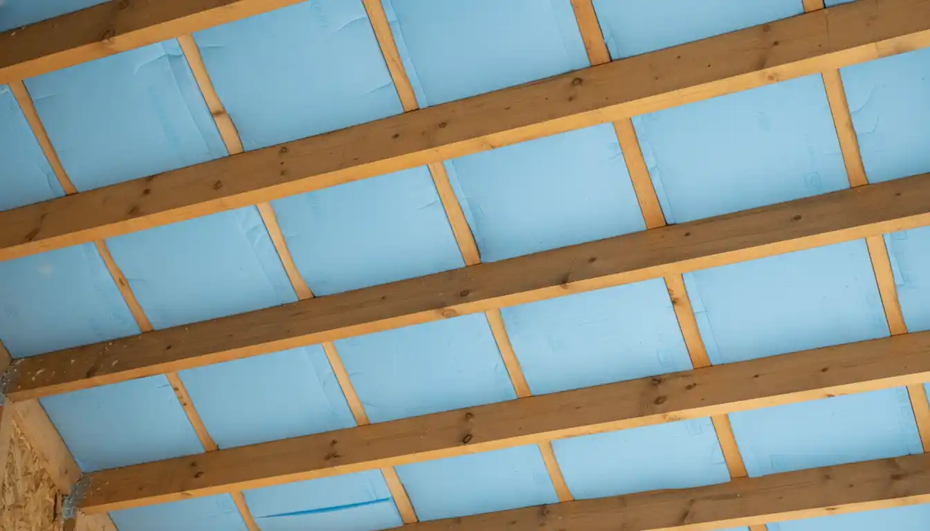 Close-up of rigid foam insulation boards tightly fitted between wooden roof framing members